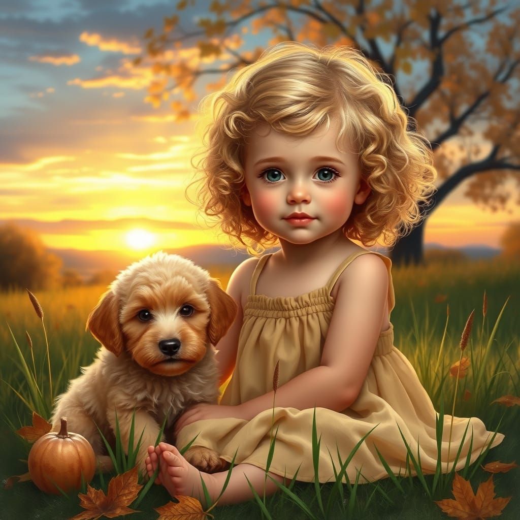 Toddler and Puppy at Sunset as Ethereal Painting
