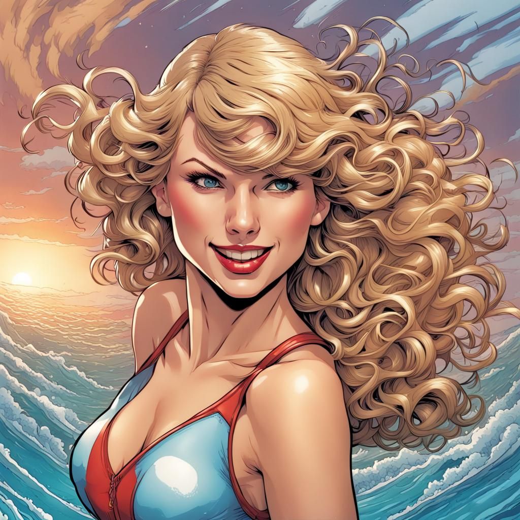 Smiling Woman in Swimsuit: Comic Book Art Style