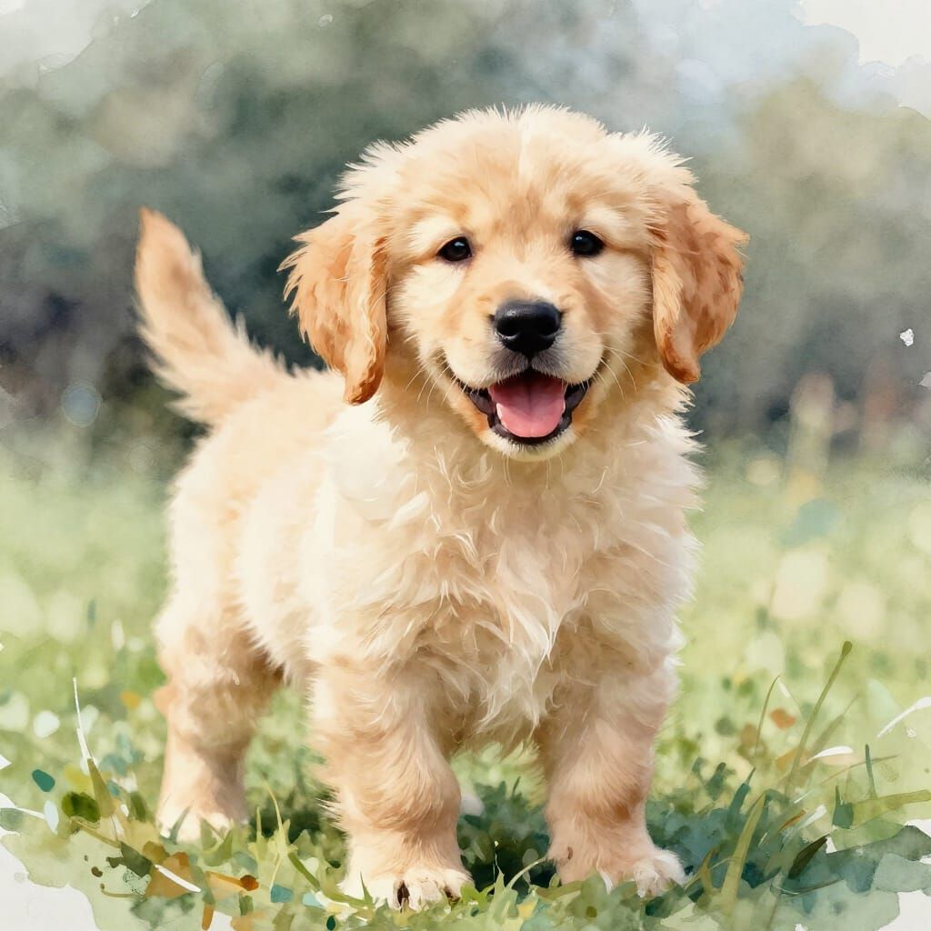Fluffy Golden Retriever Puppy in Expressive Watercolor Style