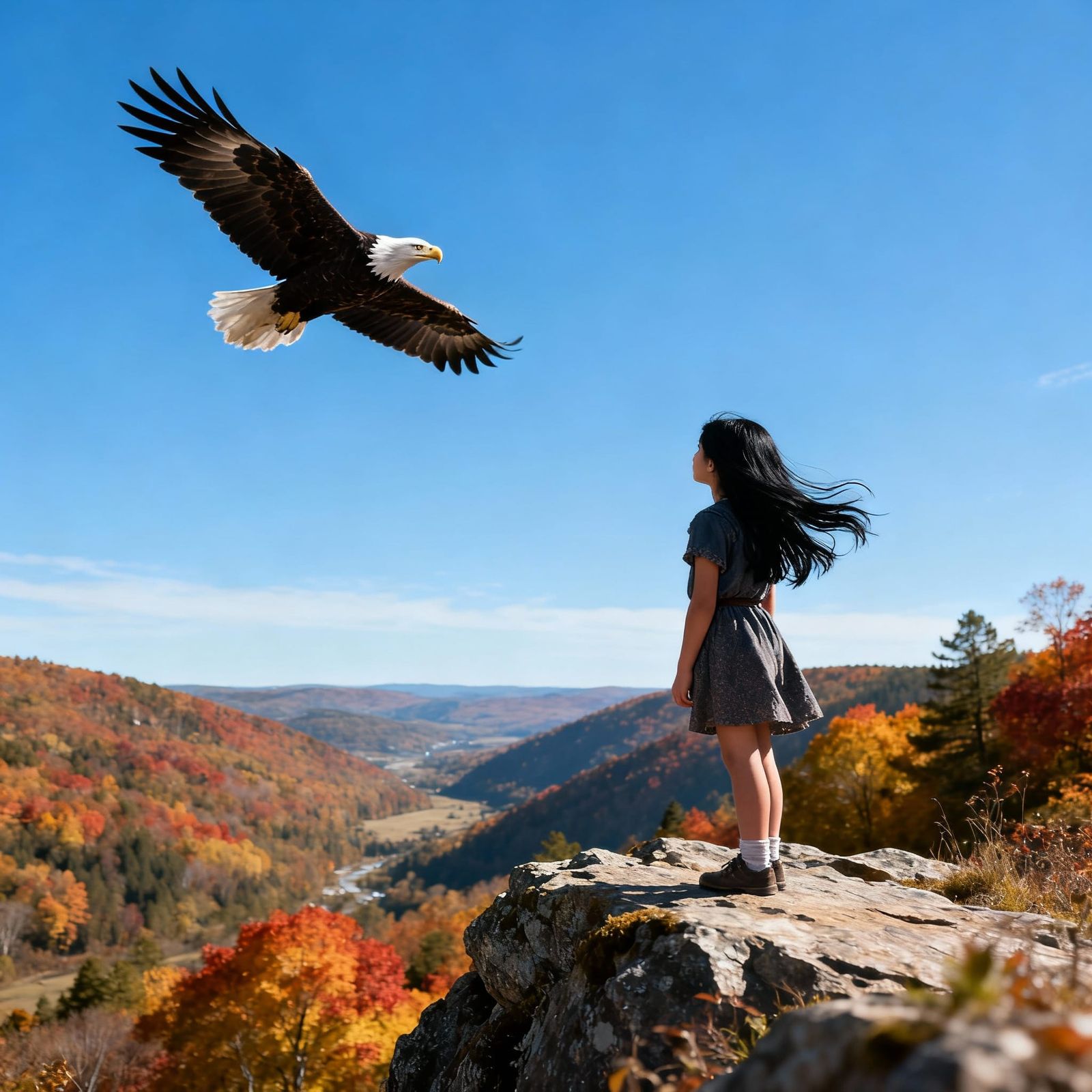 Girl Watching Eagle Soar Over Autumn Valley