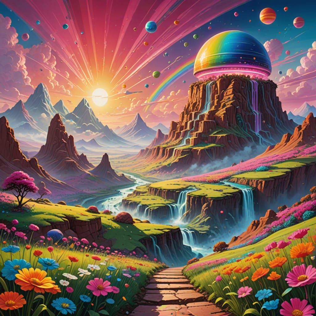 Futuristic Ziggurat in Rainbow Valley: Splash Art Style