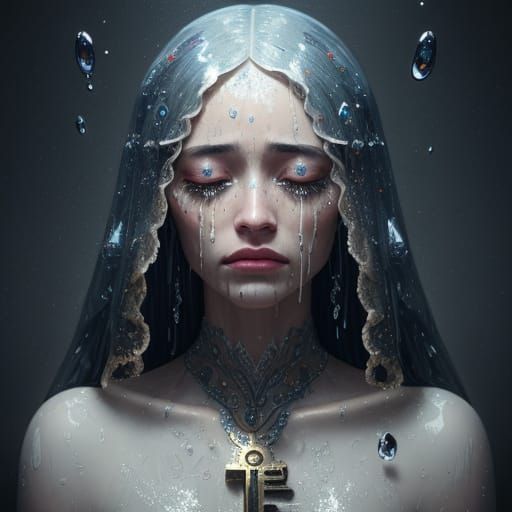 Face Crying Tears with Hourglass and Key