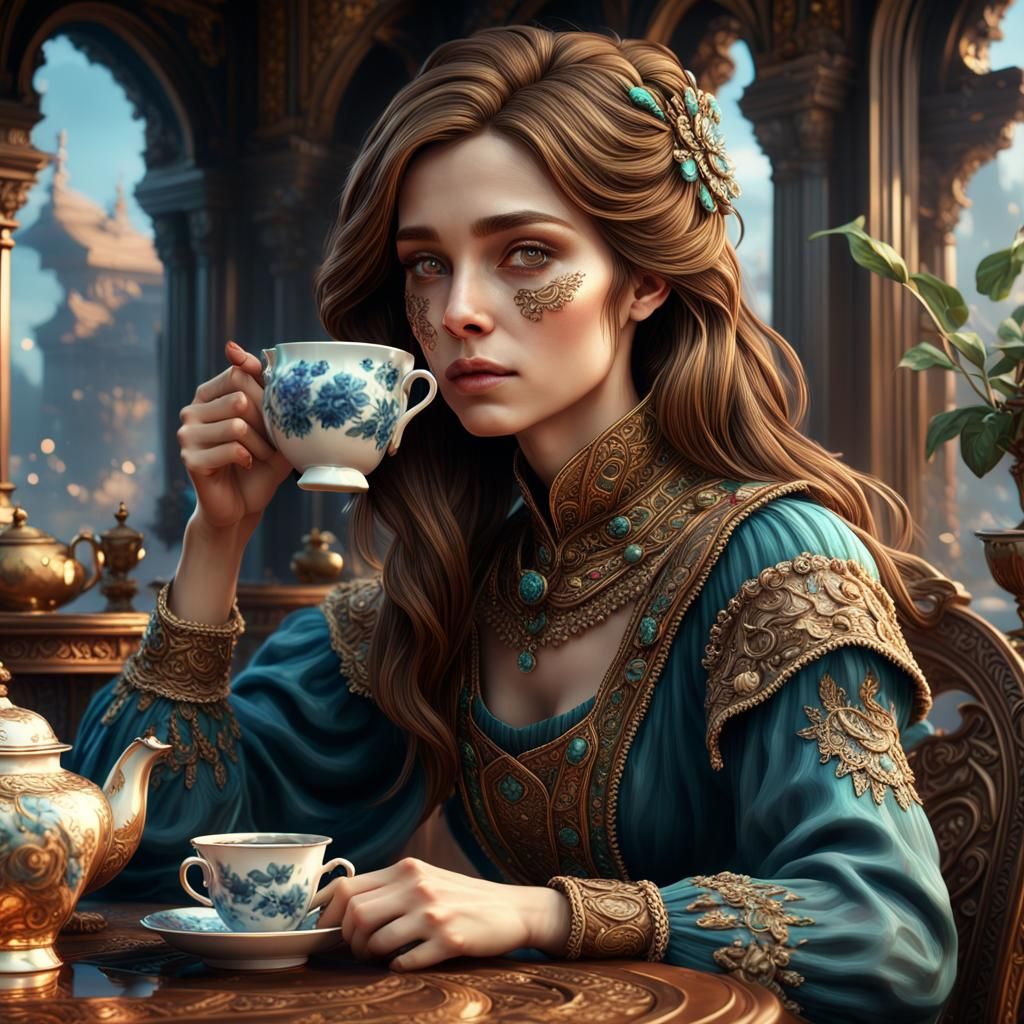 Beautiful Woman Drinking Tea in Detailed Fantasy Art