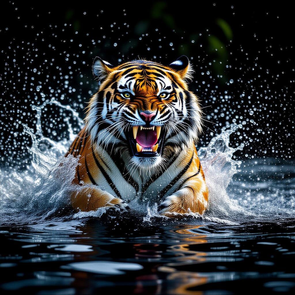 Tiger Leaps from Dark Water in Photography Style