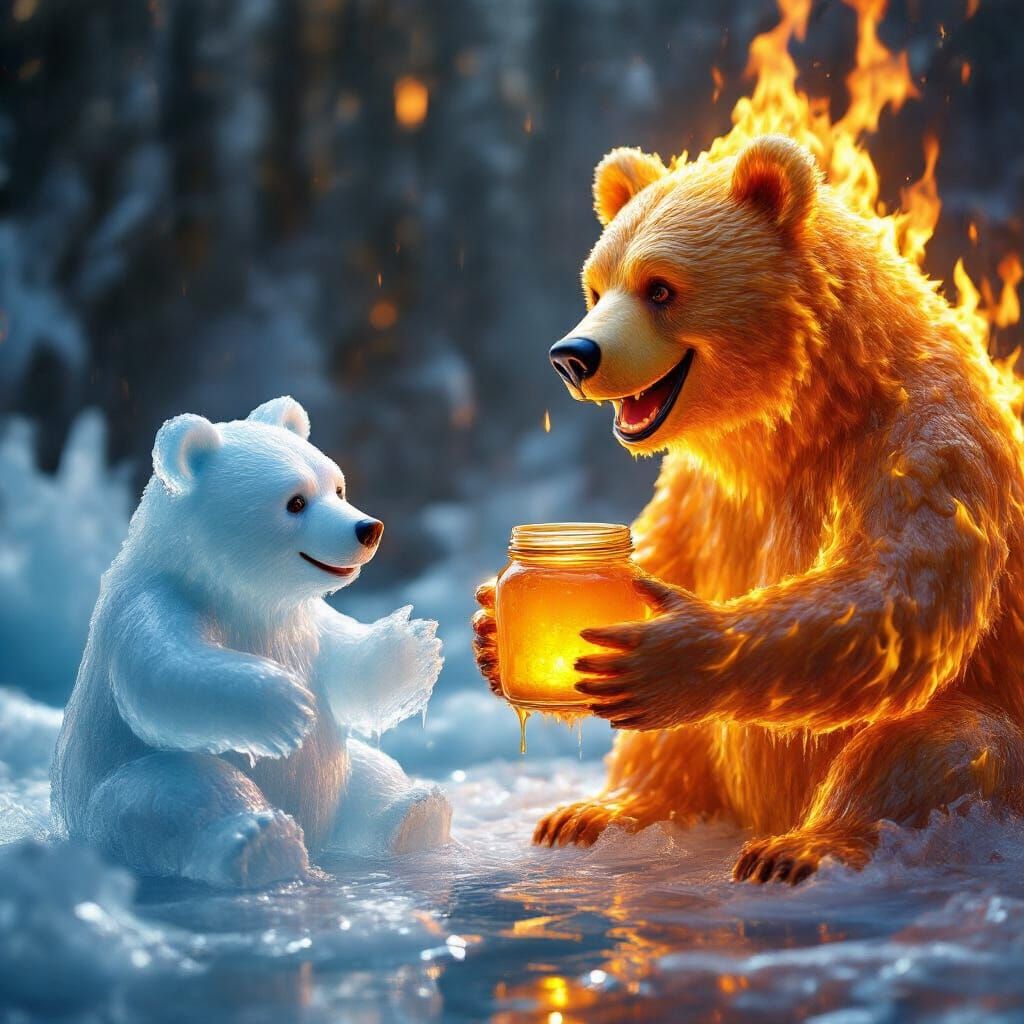 Ice Bear & Fire Bear, sharing a bit of honey