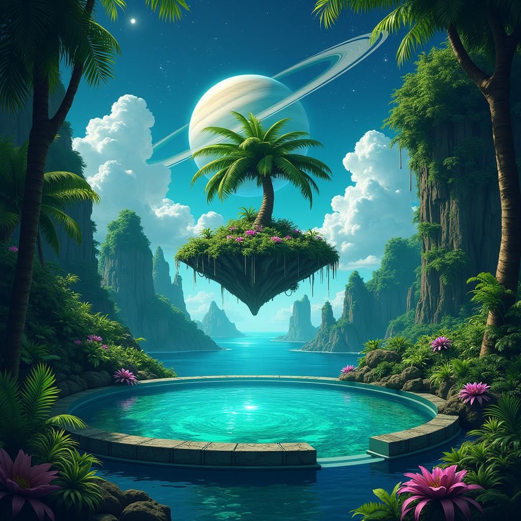 Emerald Jungle Island Above a Galactic Infinity Pool