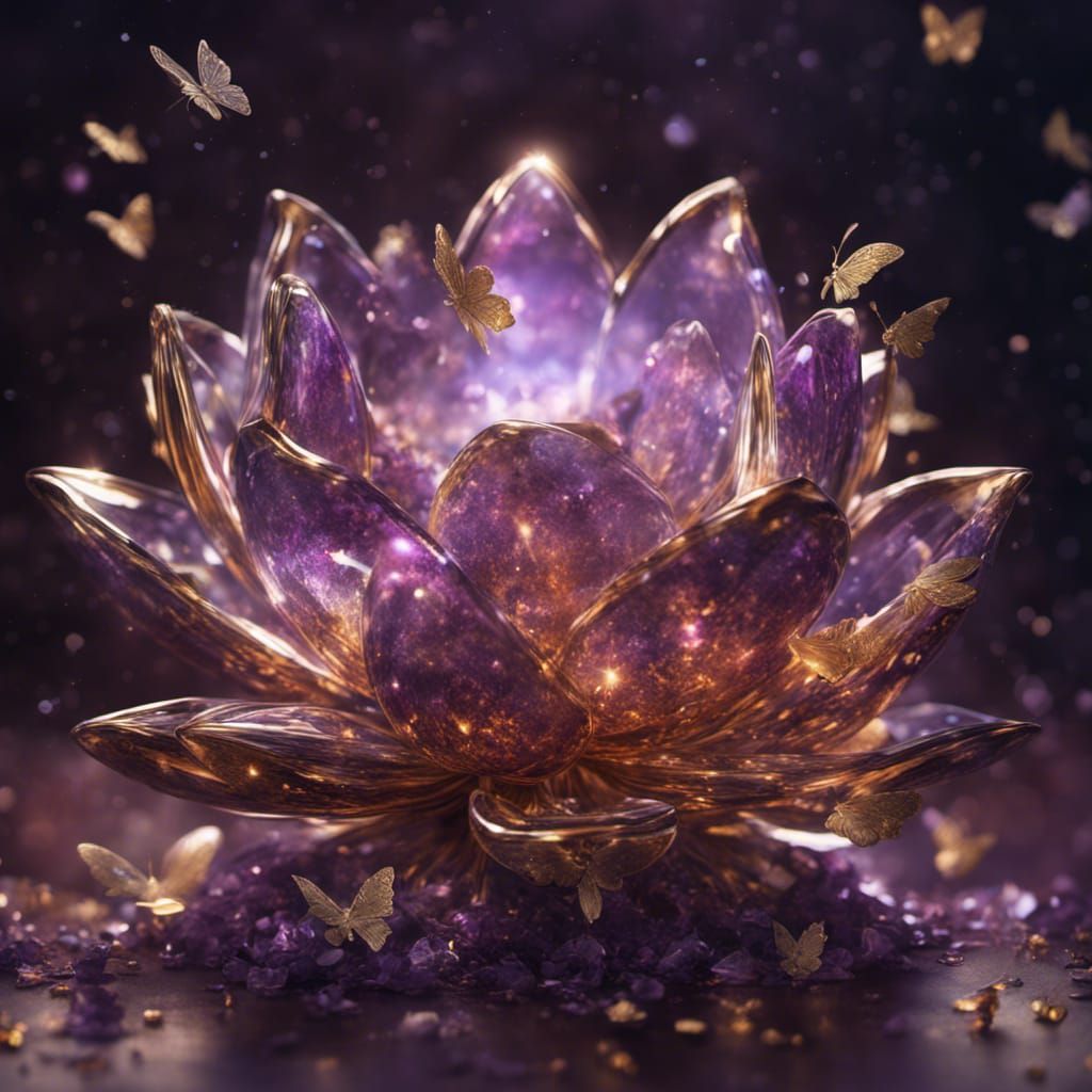 Shimmering Broken Glass Lotus with Golden Butterflies