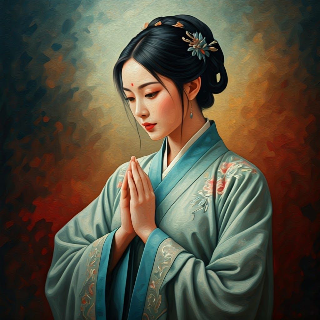 Chinese Goddess in Dreamy Neo-Impressionist Hanfu