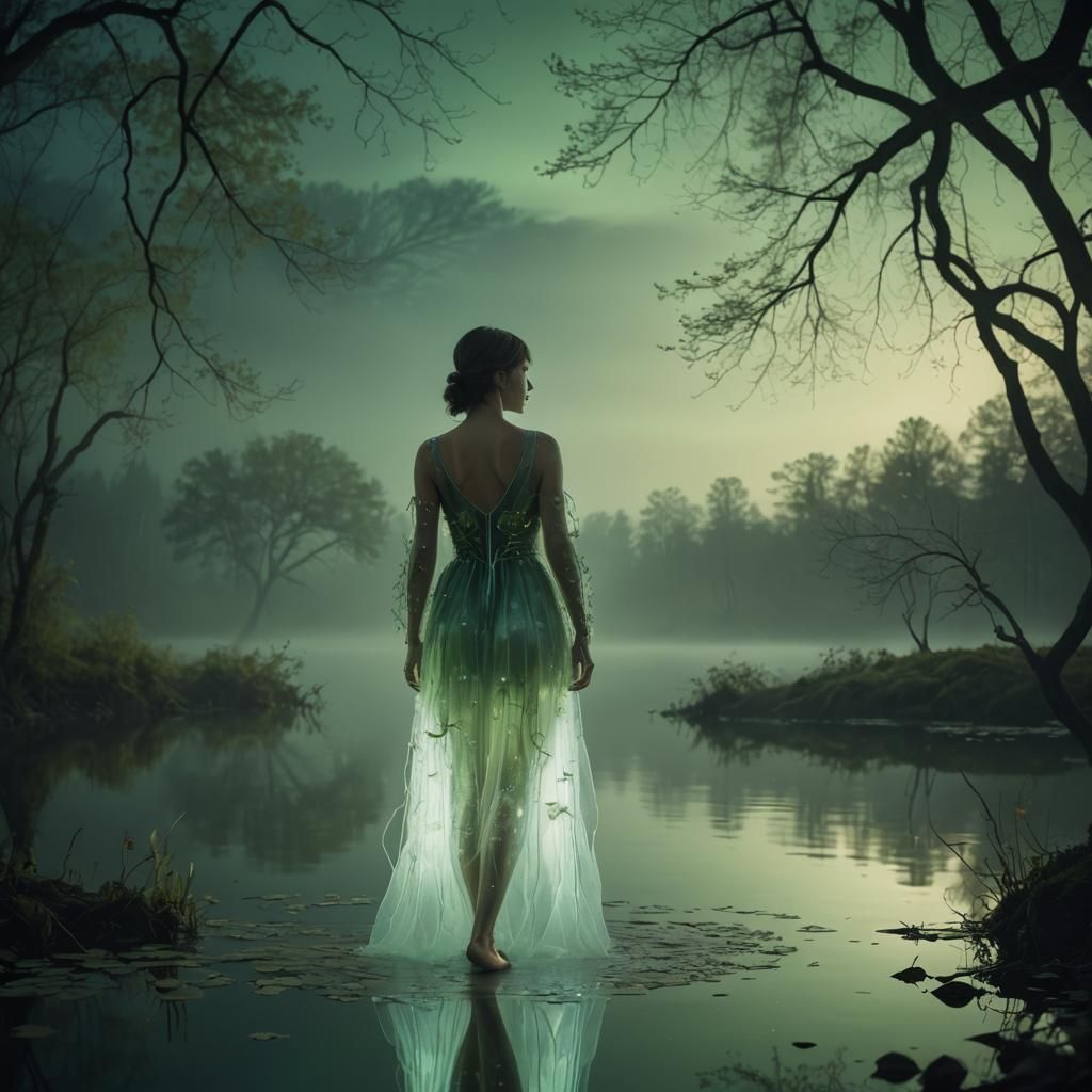 Bioluminescent Woman by Lake: Fantasy Art Photography