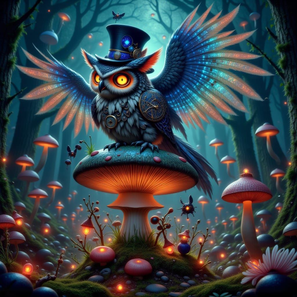 Celestial Clockwork Owl on Bioluminescent Mushroom