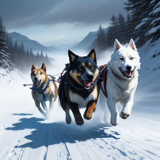 Dogs Pulling Sled Through Snowy Wilderness