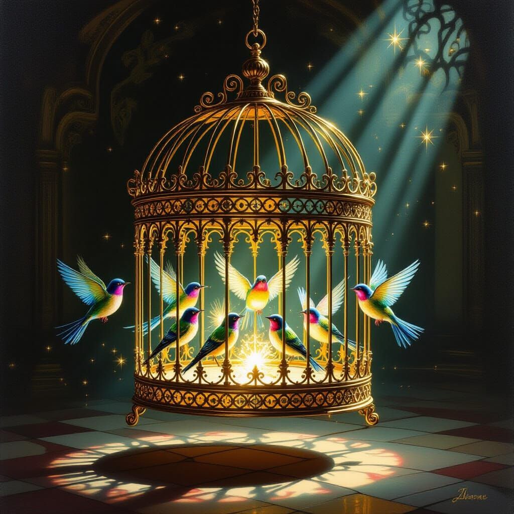 Ornate Golden Cage with Glowing Birds in Baroque Style