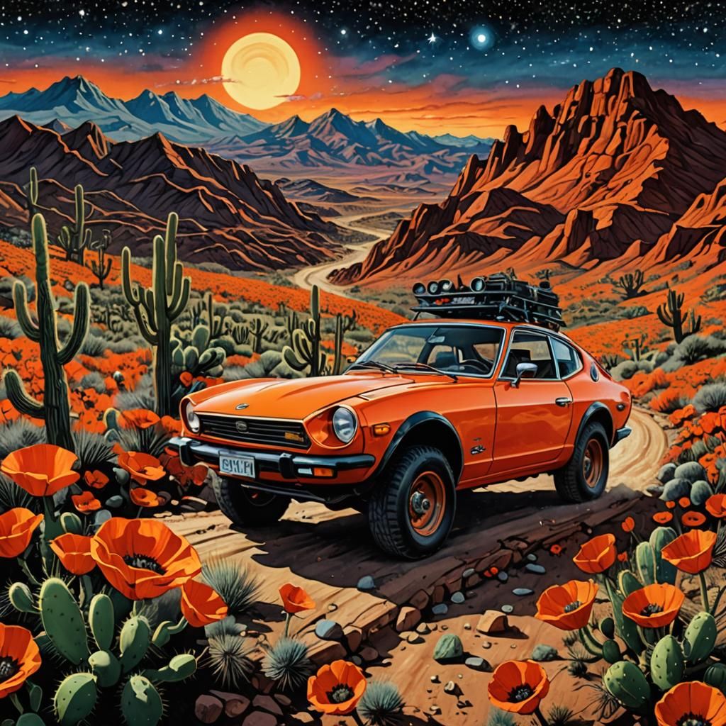 Datsun 240Z four wheel drive racing down a thorny cactus fil...