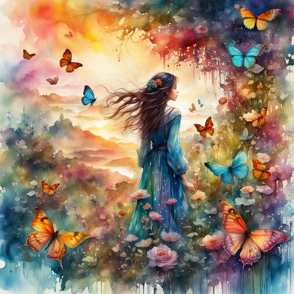 Floral Fairytale Sunset: Digital Watercolor Illustration