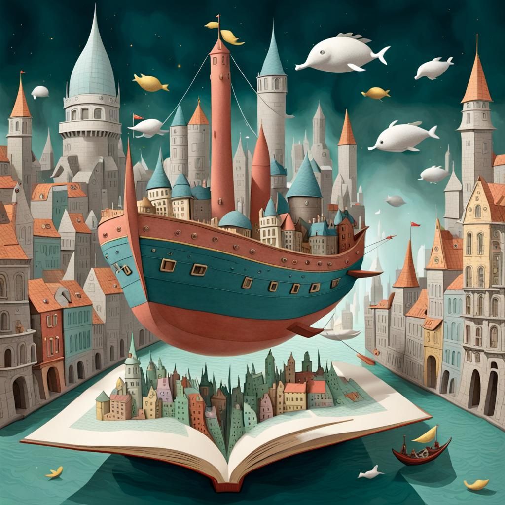 Fantastical City on Ship Illustration in Children's Book Sty...