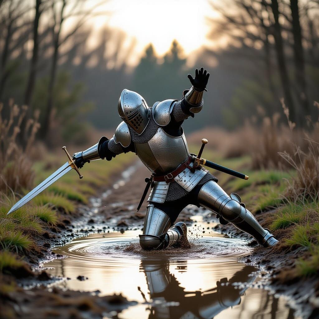 Knight's Failed Leap: Humorous Cinematic Film Still