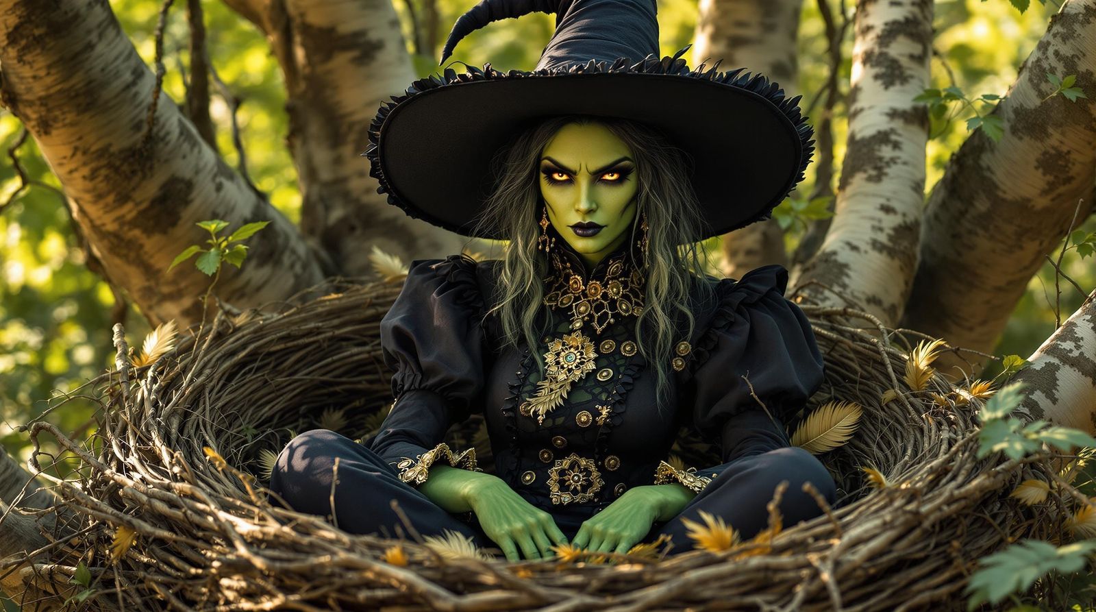 Wicked Witch Sits in Nest, Fierce and Green