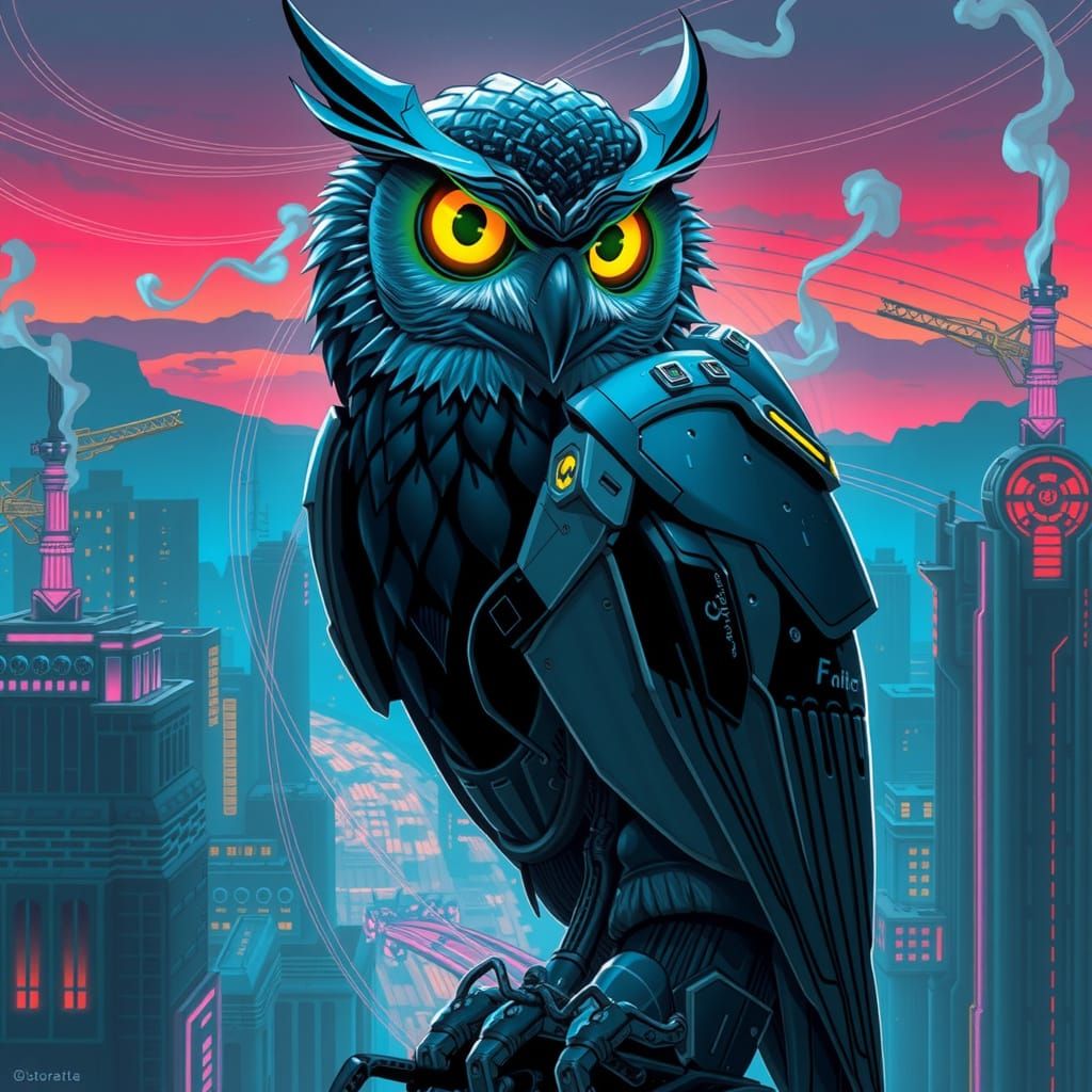 Cyber Owl in Biomechanical Futuristic Landscape
