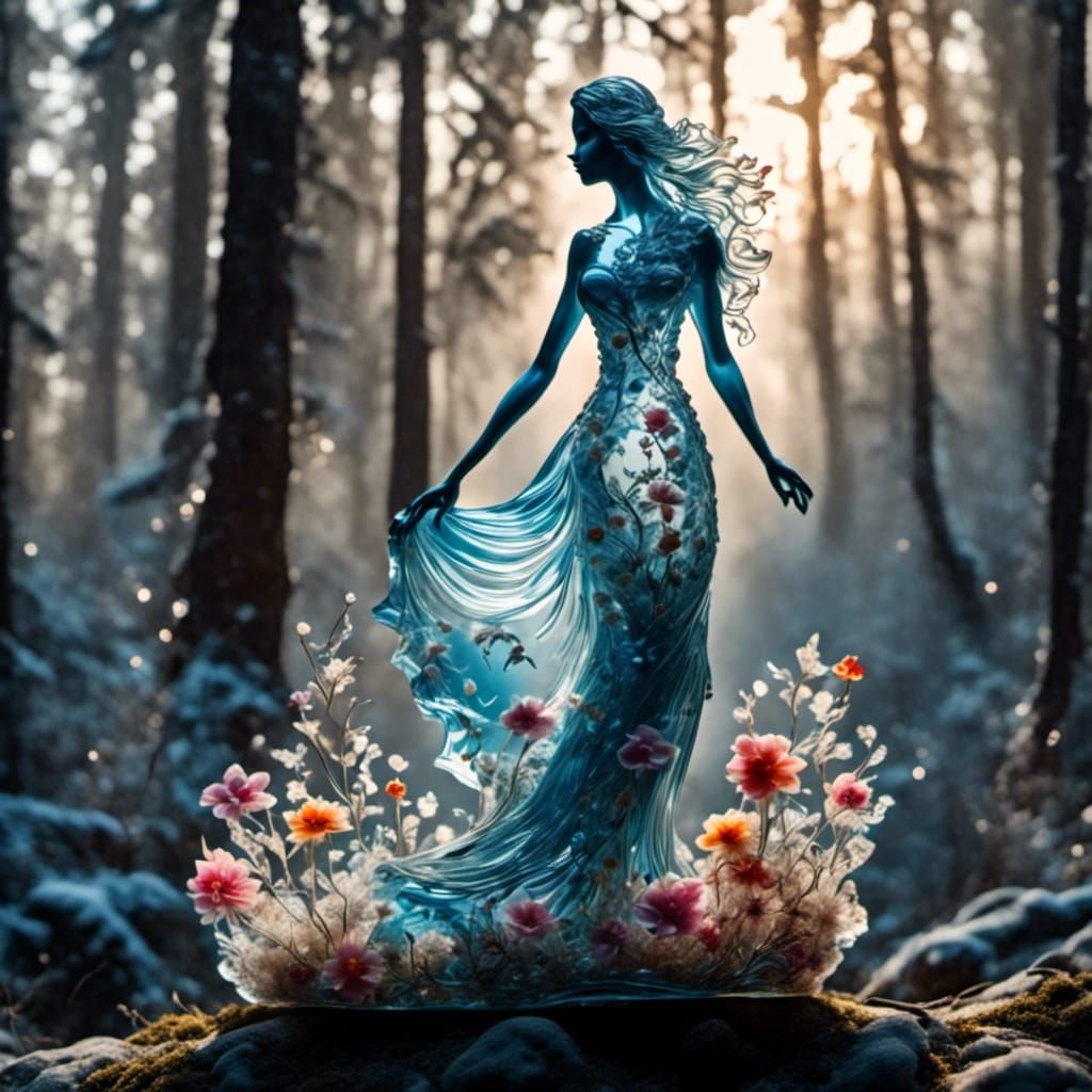 Crystal Woman Silhouette in Snowy Forest