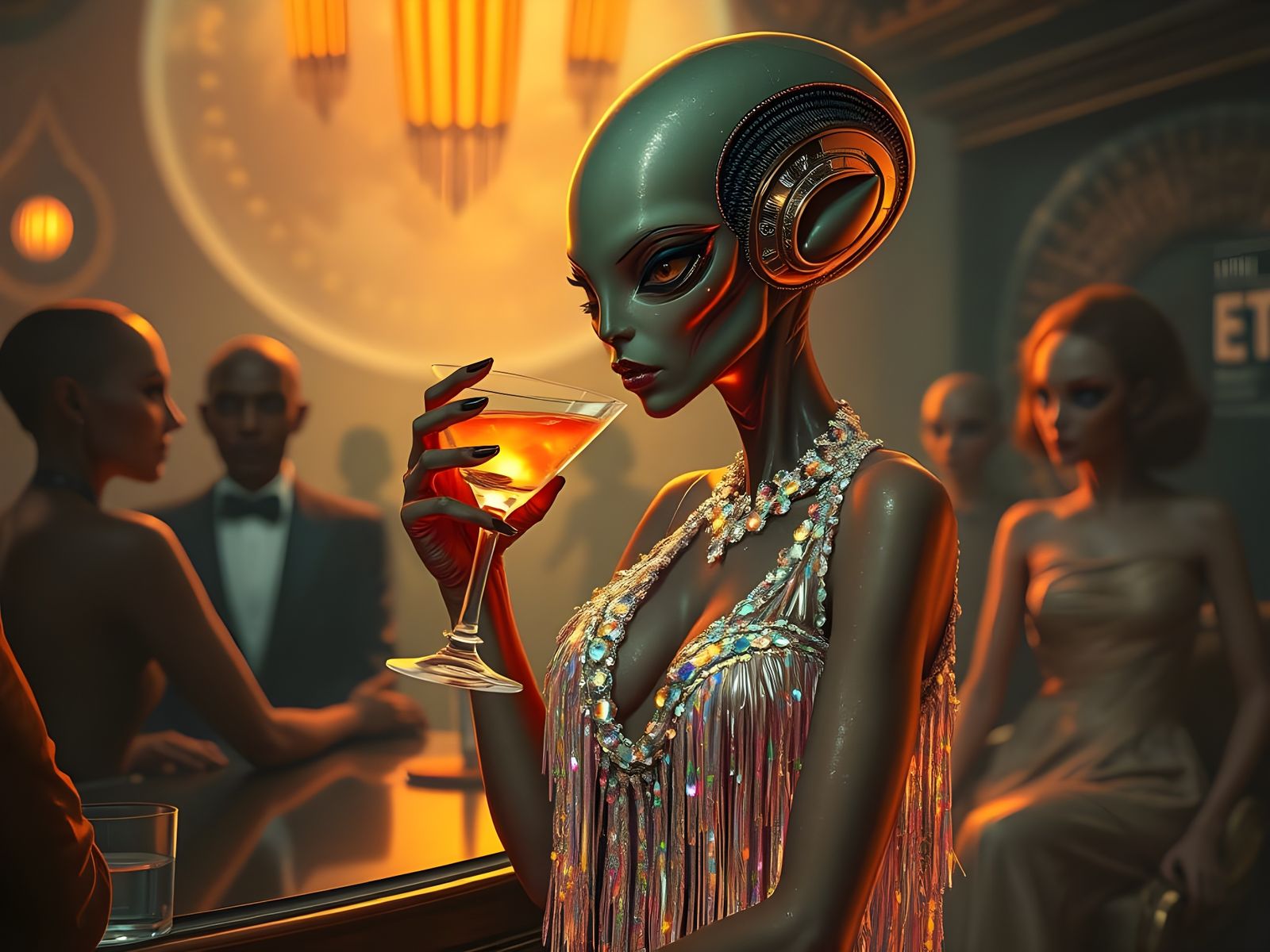 Alien Flapper in Art Deco Speakeasy