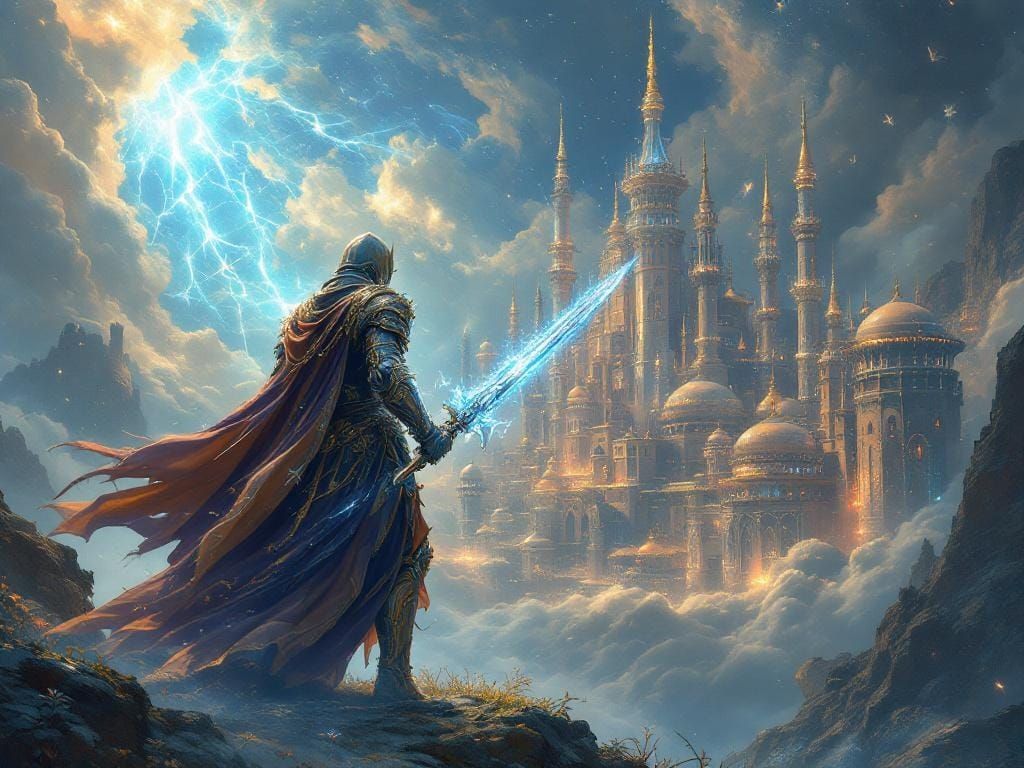 Knight Defends Celestial Village in Dreamscape