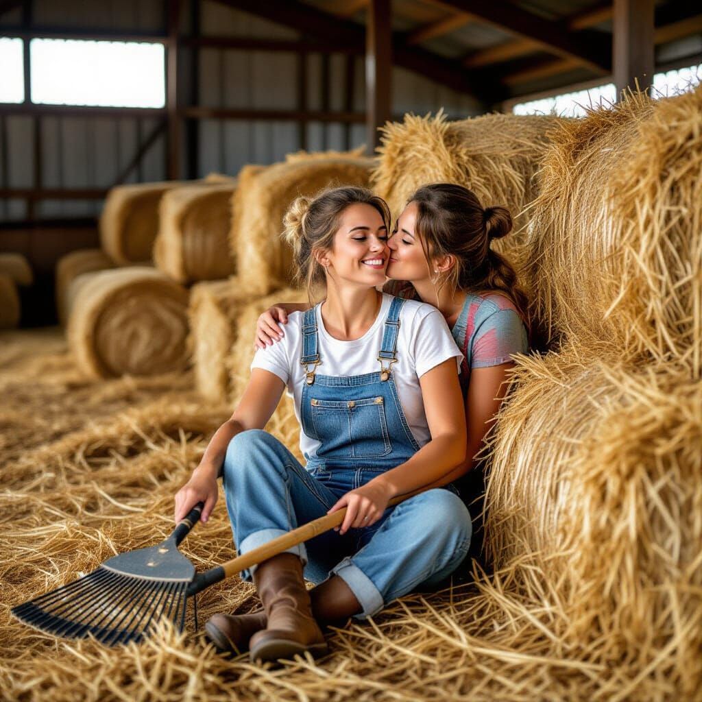 Women Kissing in Barn with Straw Bales
