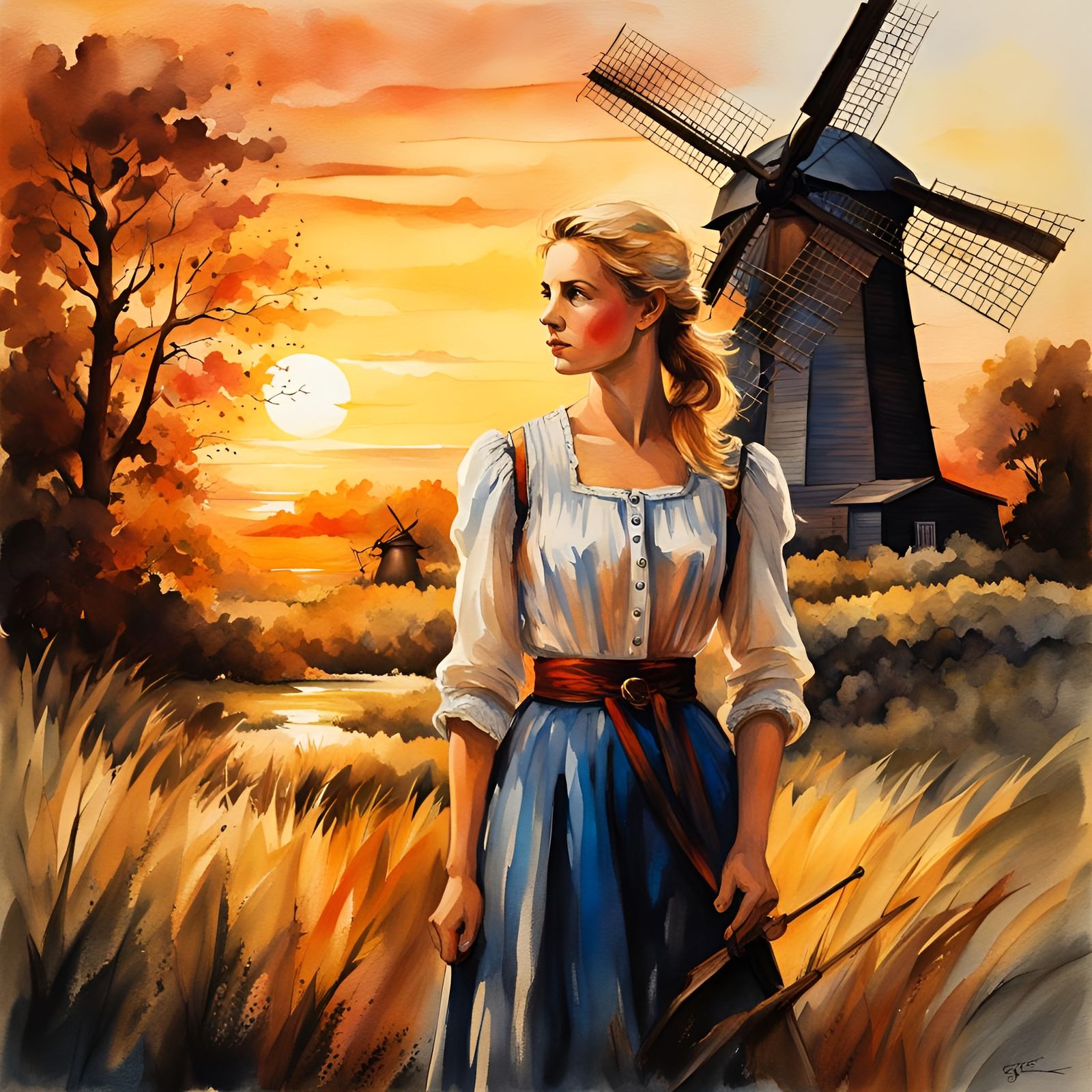 Dutch Woman and Windmill in Watercolor Style