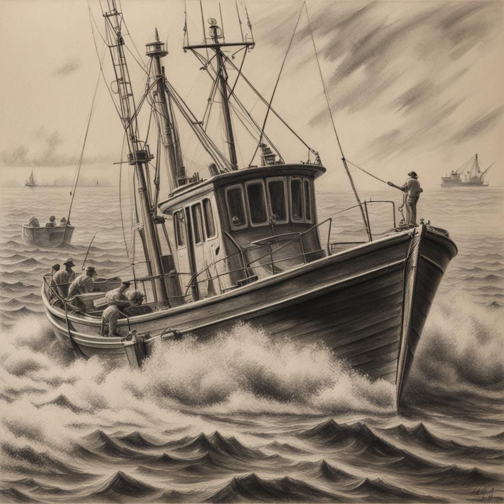 Fishing Boat at Sea: Hyperdetailed Charcoal Drawing
