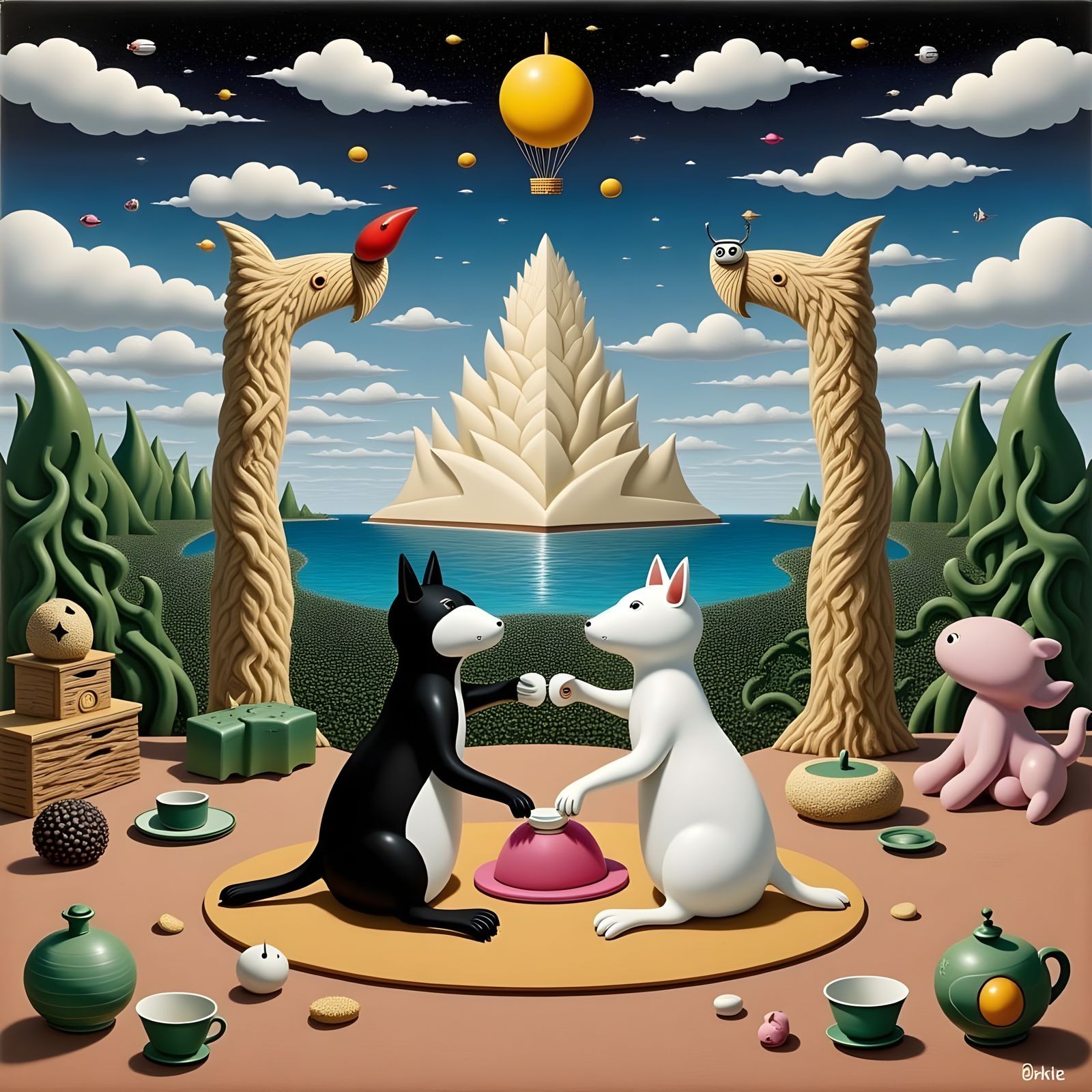 Astral Cat and Dog in a Neon Kitchen