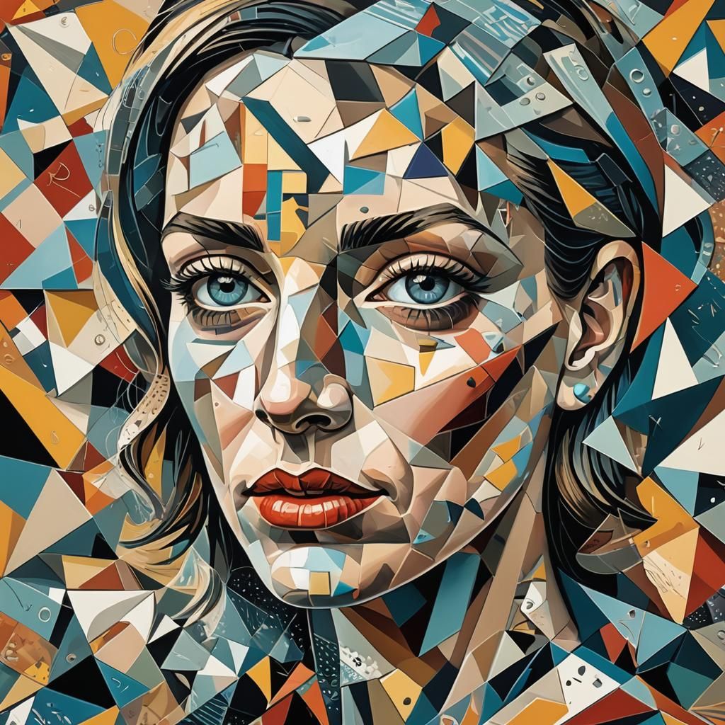 Geometric Cubist Portrait of Woman in Picasso Style