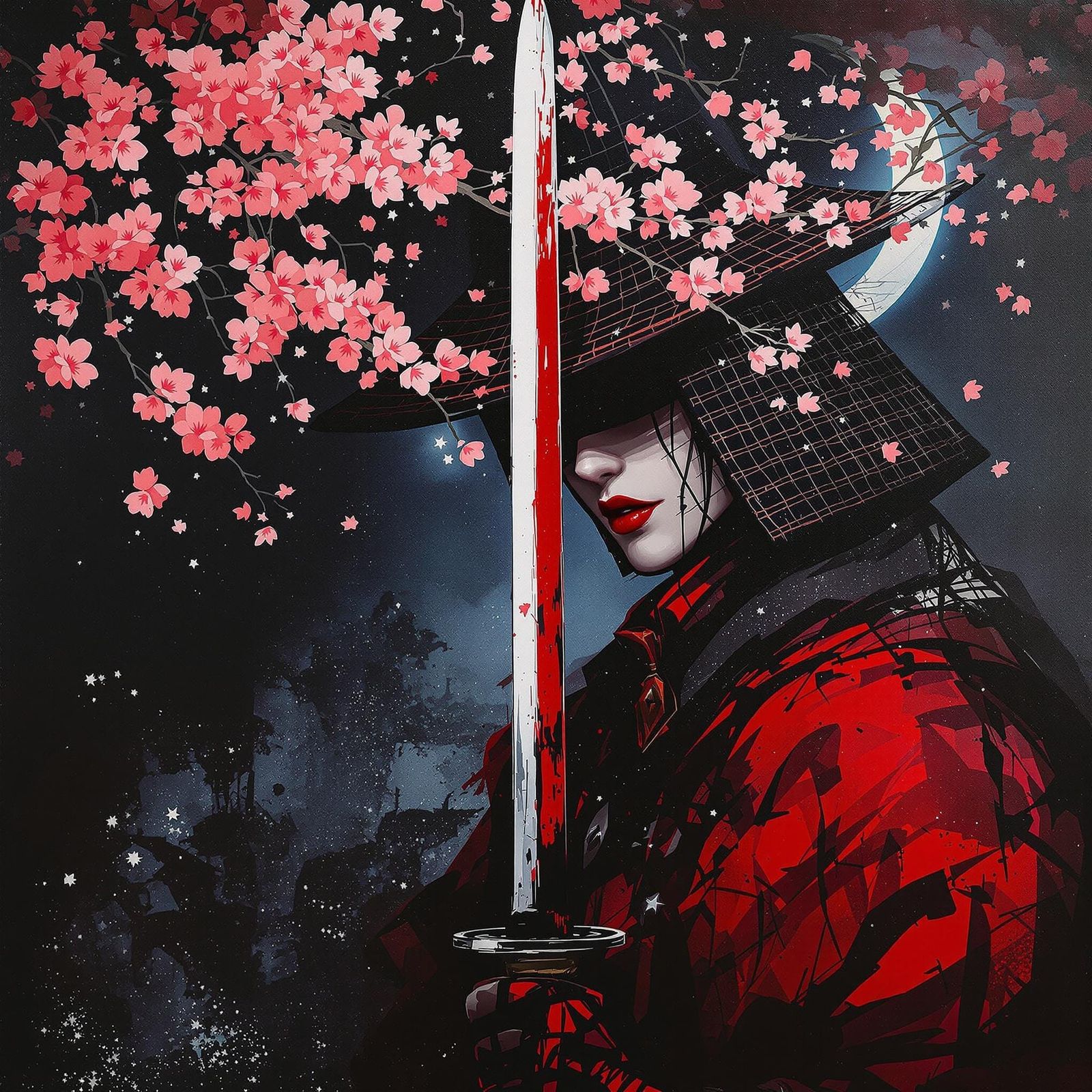 Red Samurai with Katana and Sakura in Painting Style