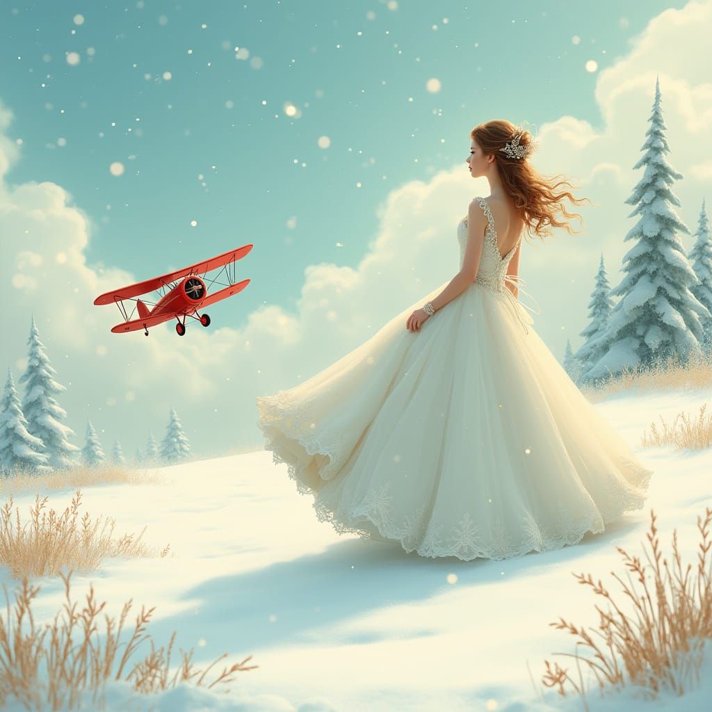 Whimsical Winter Wedding Scene with Red Biplane