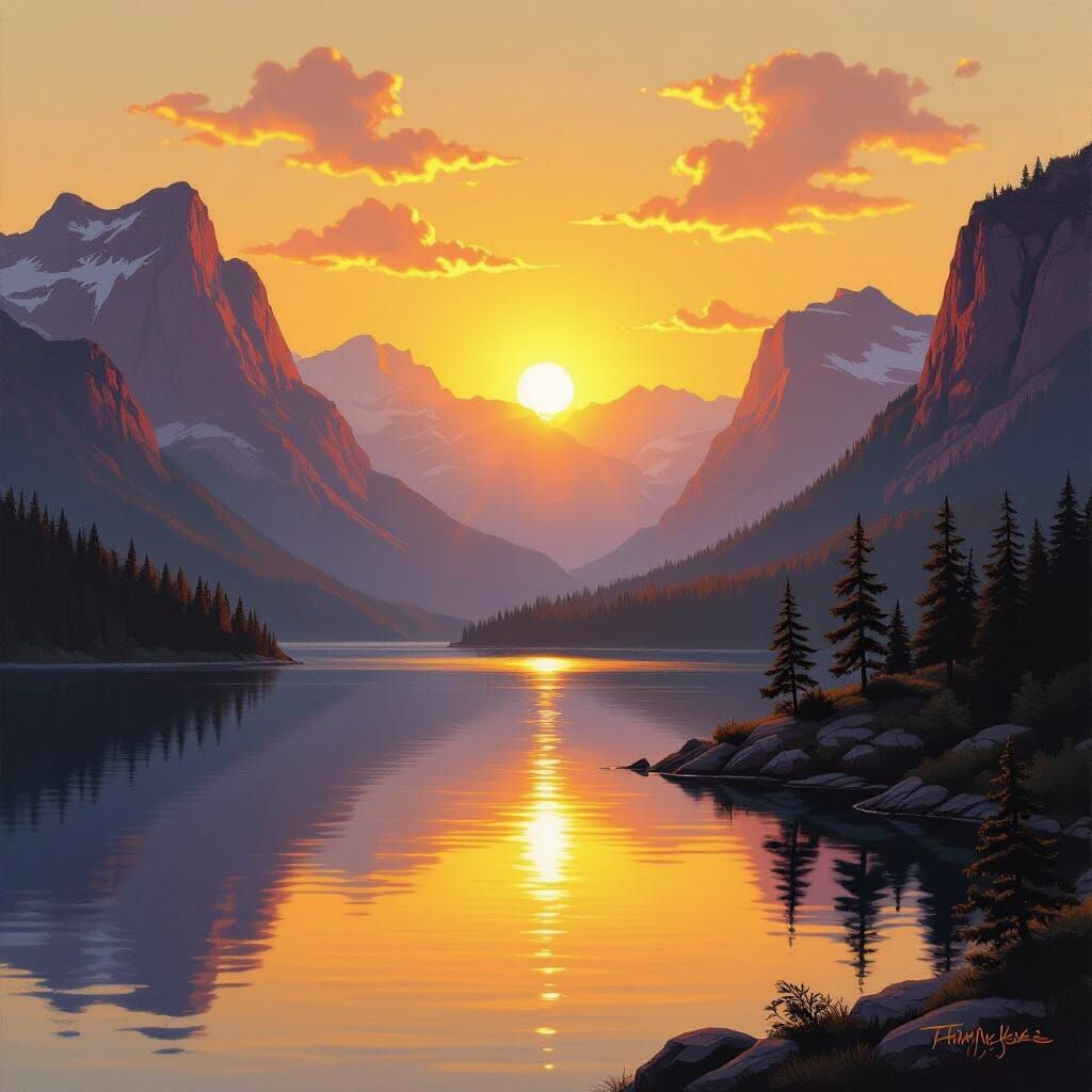 Golden Sunrise Over Calm Mountain Lake