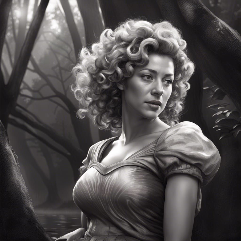 River Song as Princess Peach in Forest, Black and White