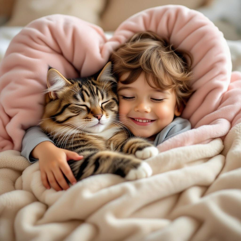 Child and Cat Cuddling in Heart Blanket