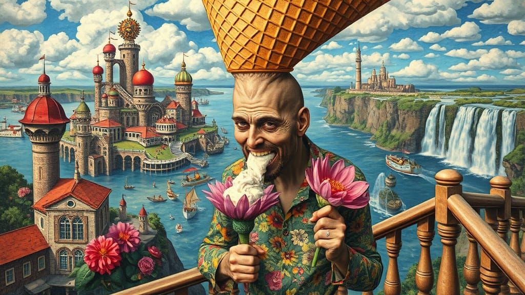 Floating Water City Utopia: Psychedelic Oil Painting