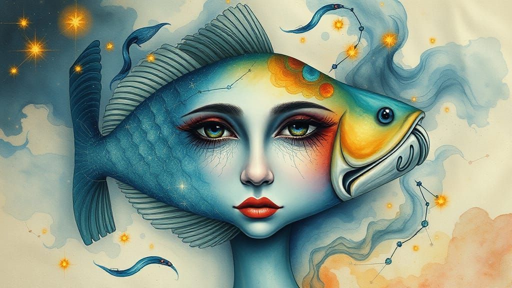 Surreal Portrait of a Pisces in Vibrant Watercolors