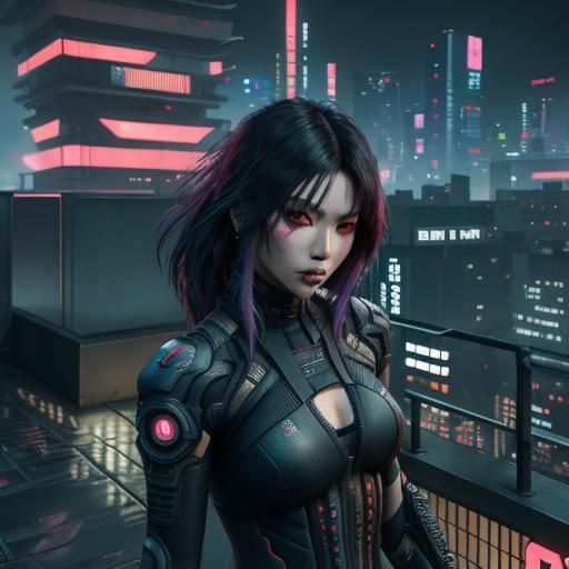 Japanese Gothic Girl in Cyberpunk Rooftop Garden