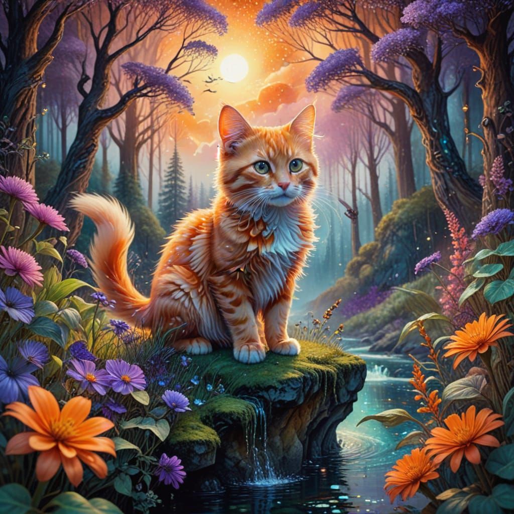 Whimsical Kitten Soars on Raven's Back in Sunset Valley