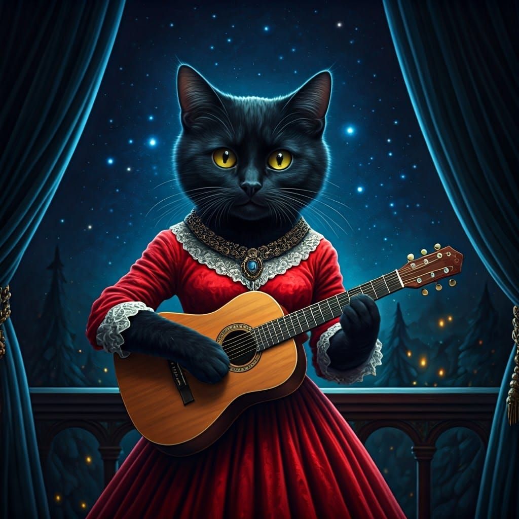 Anthropomorphic Cat Guitarist in Watercolor Style