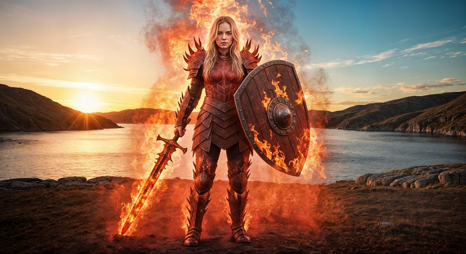 Flaming Shield Maiden in Fiord Sunset