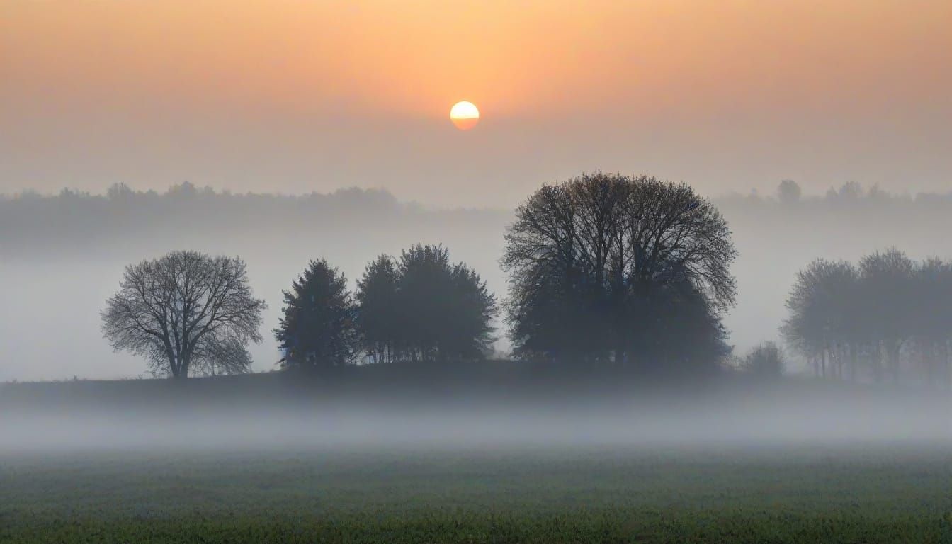 Matin, paysage pris dans le brouillard