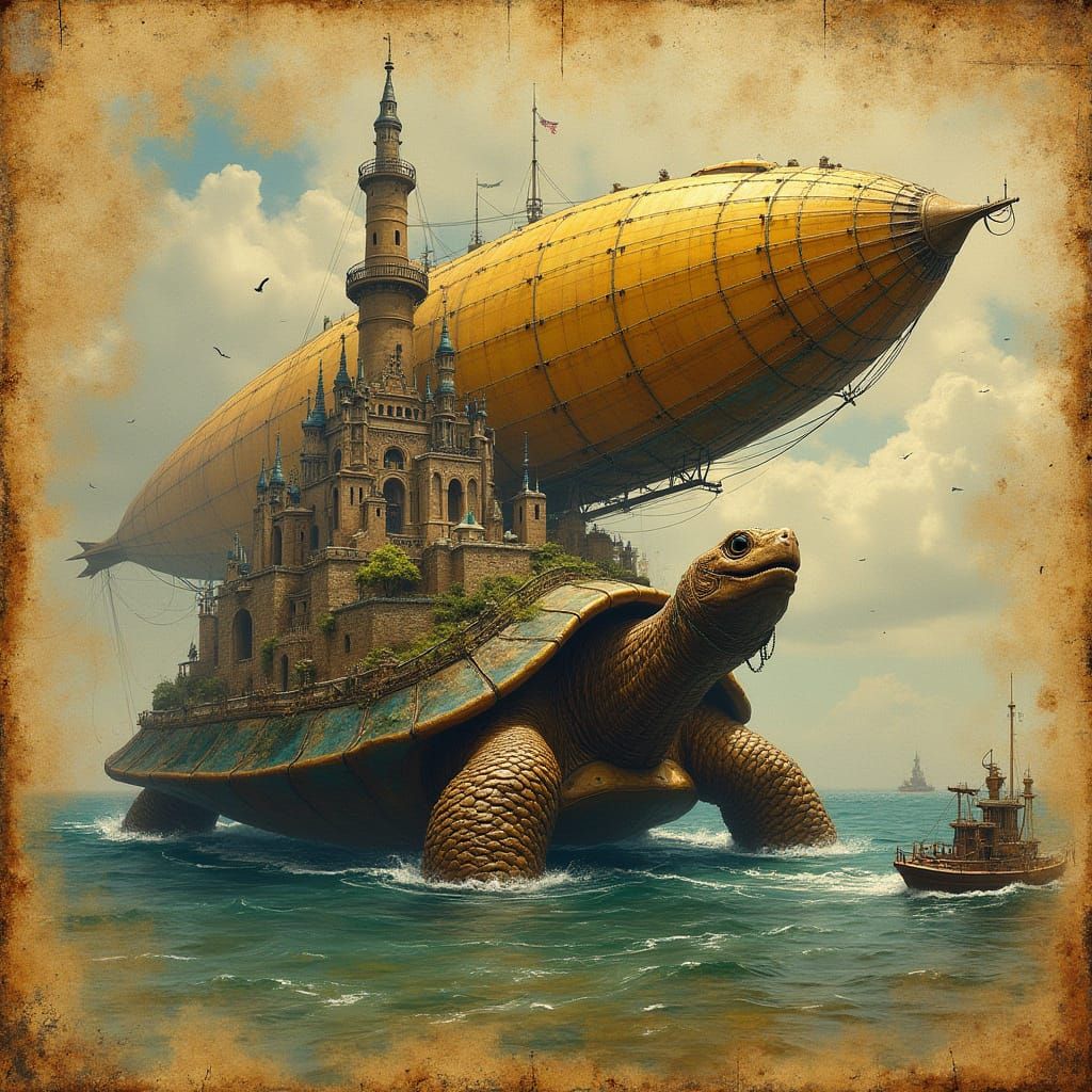 Steampunk Airship Docks on Giant Tortoise City