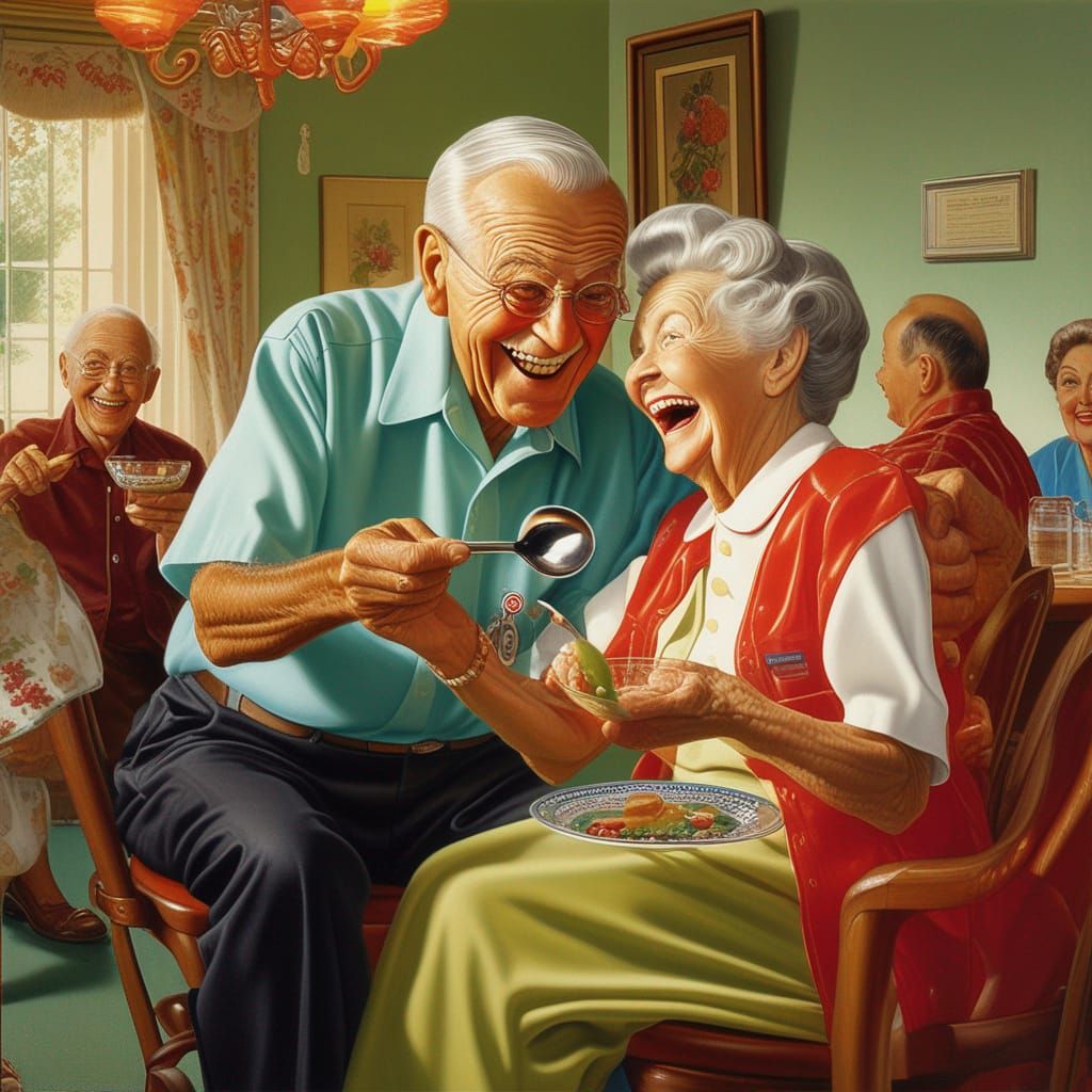 Happy Octogenarian with Jello, in Rockwell Style