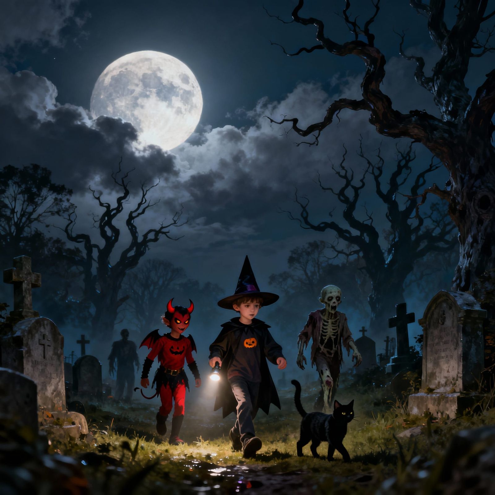 Spooky Halloween Cemetery Scene with Children and Black Cat
