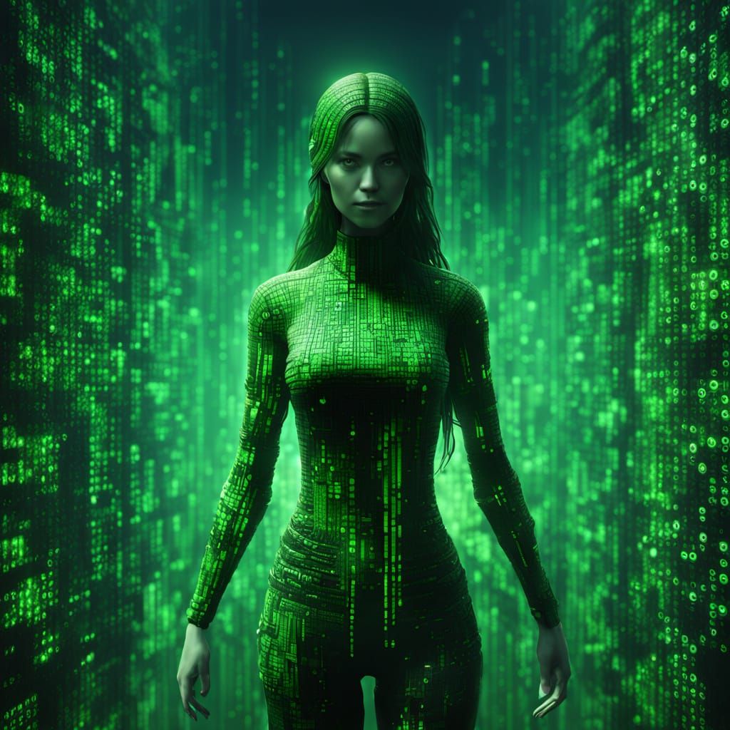 Feminine Figure Made of Green Binary Code in Matrix Style