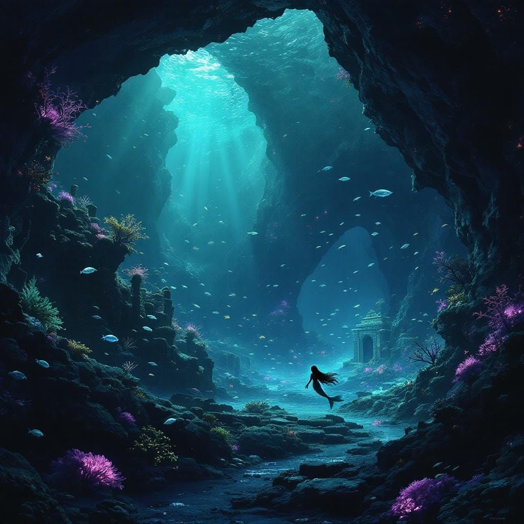Underwater Grotto with Bioluminescent Coral and Mermaid