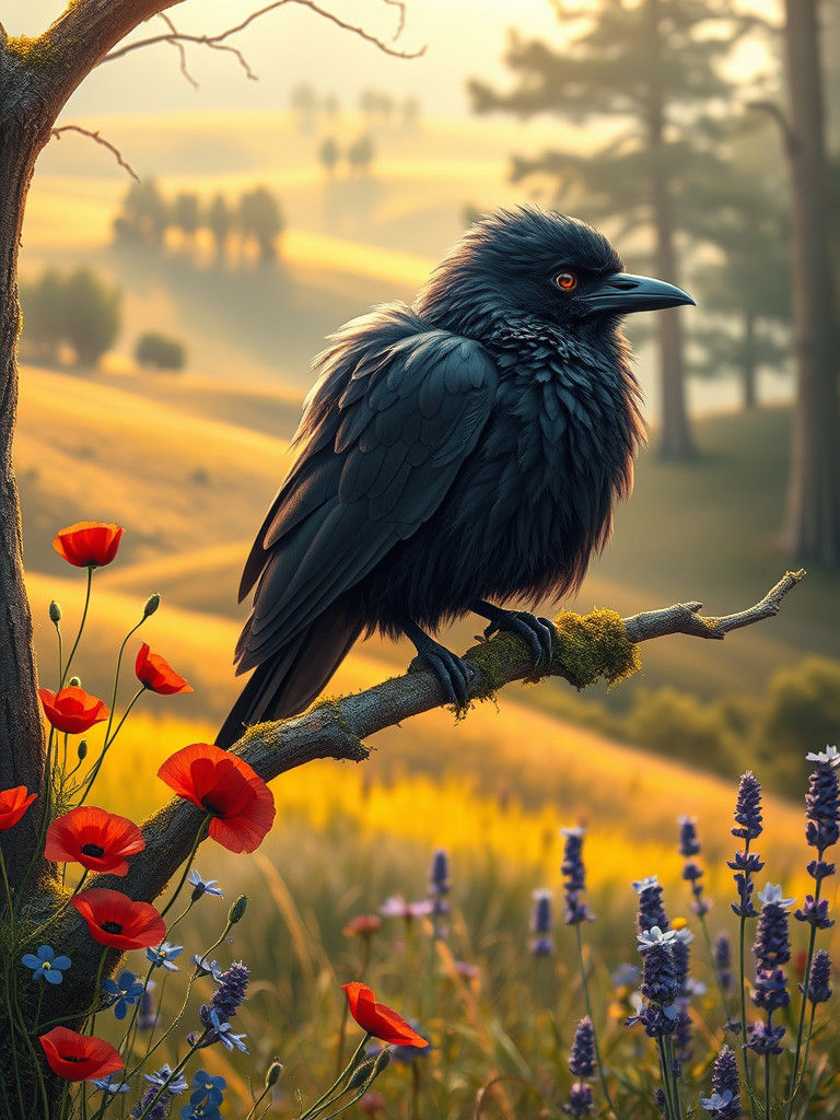 Dreamlike Landscape with Raven in Hyper-Realistic Art Style