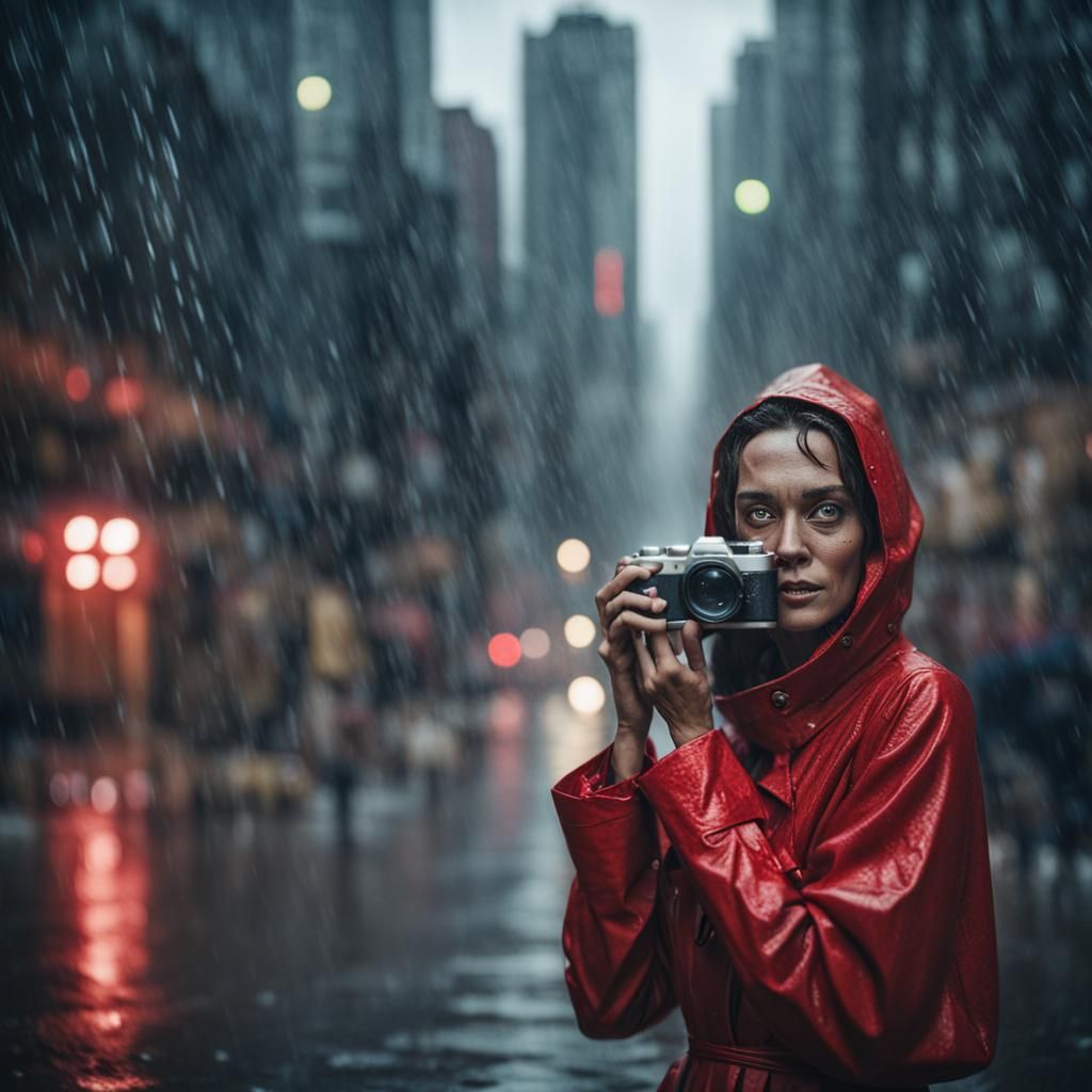 Futuristic Woman Dancing in Rainy Cityscape