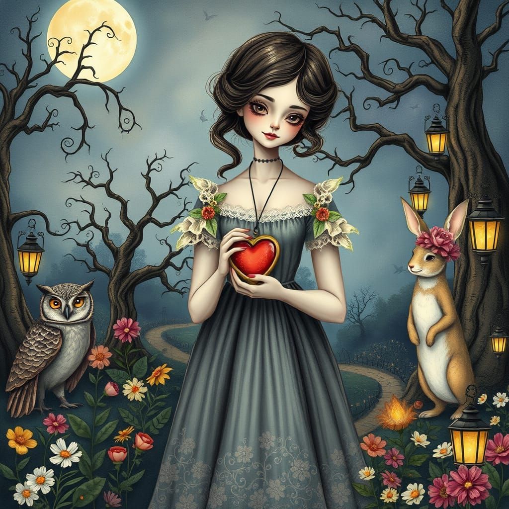 Whimsical Moonlit Garden Scene in Victorian Style